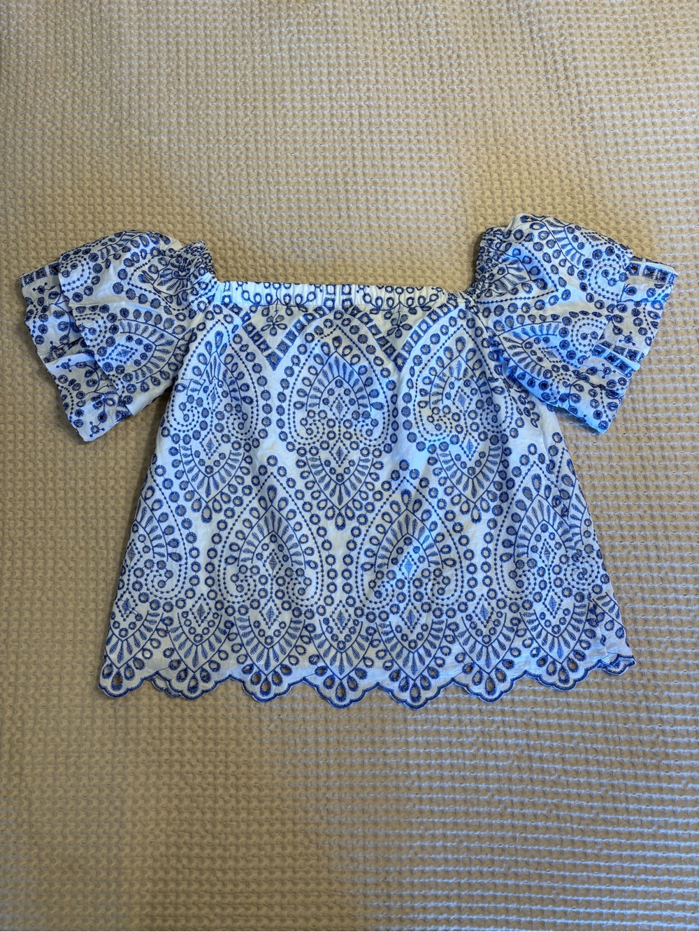 Lilly Pulitzer White Off-Shoulder Eyelet Crop Top with Blue Embroidery